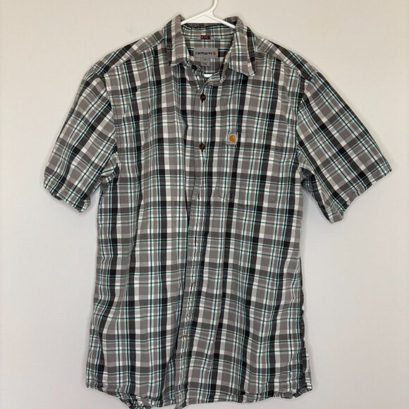 CARHARTT Relaxed Fit Short Sleeve Button Up Green Gray Plaid Size Medium - Picture 1 of 4